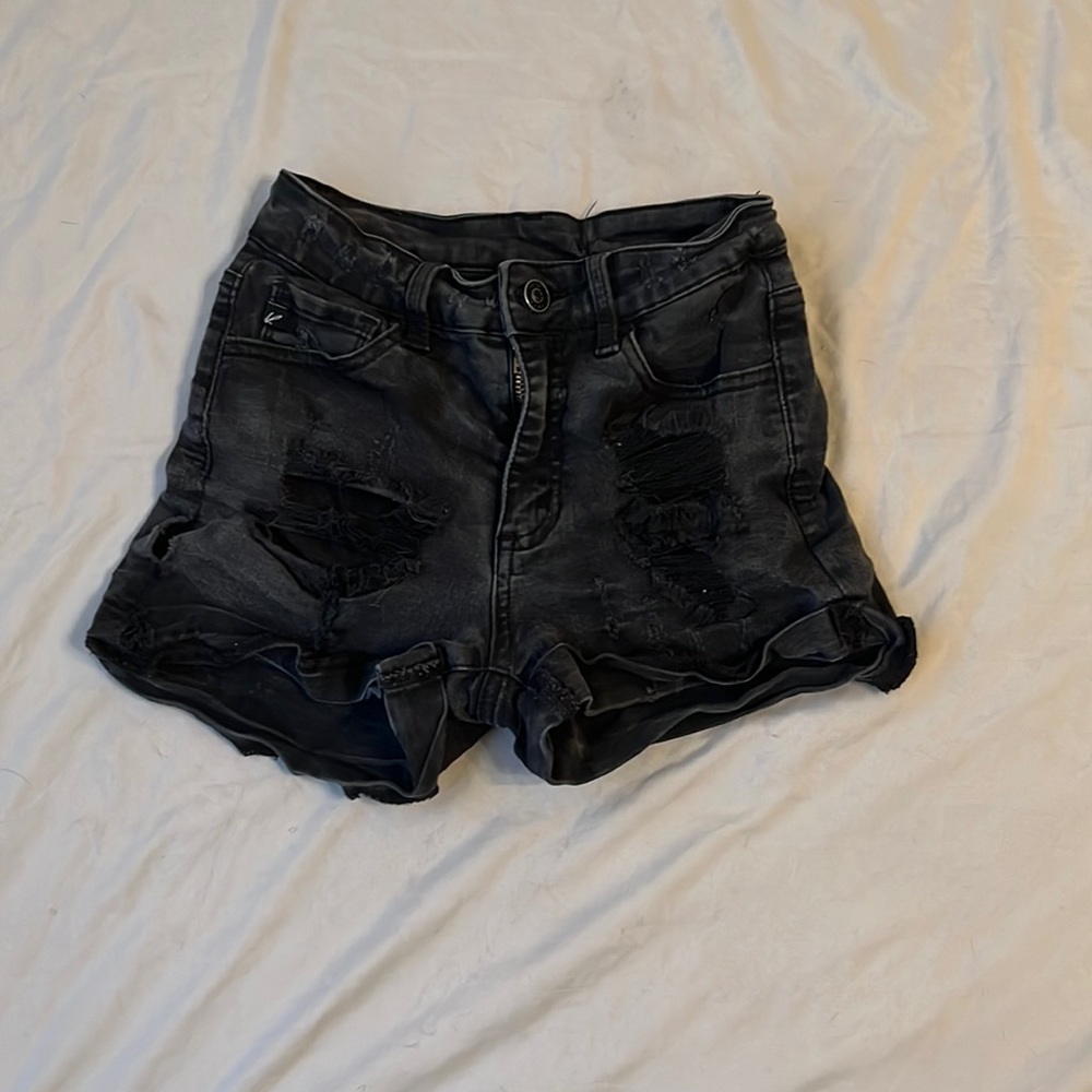 Kan Can black denim ripped shorts, size small.